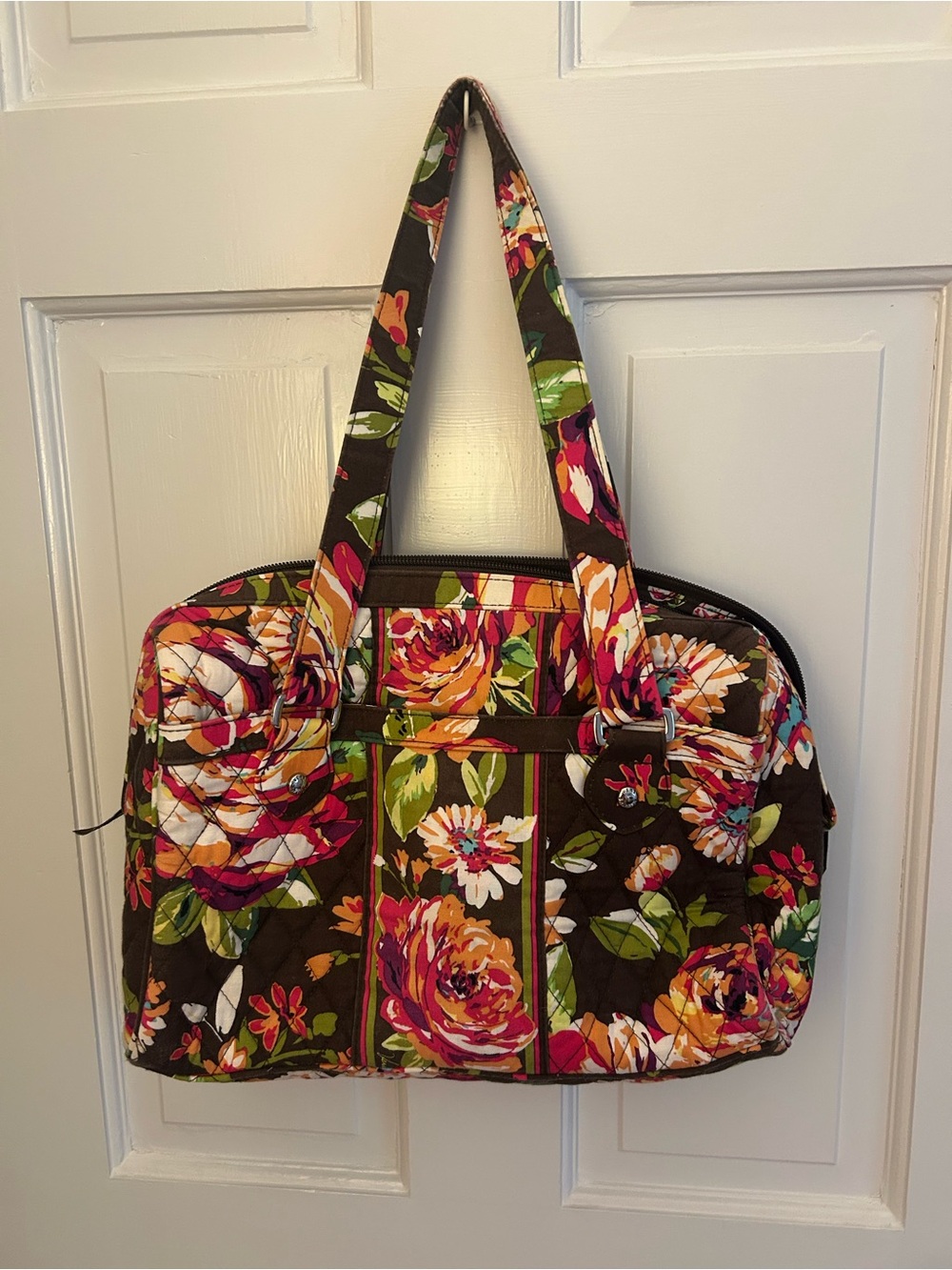 Vera Bradley Brown Quilted Floral Tote with Pink, Orange & Green Accents
